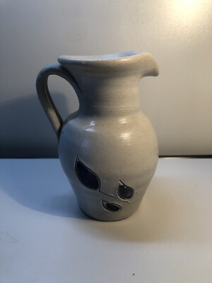 VTG Williamsburg Pottery Salt Glaze Pitcher Cobalt Blue Leaf Design Stamped