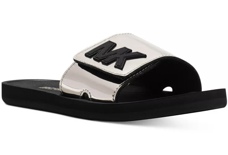 New Michael Kors pool MK slide sandals mirror metallic nickle logo applique 6