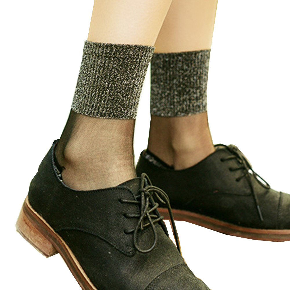1/3x Fashion Women Glitter Mesh Crew Socks Silver Gauze Fishnet