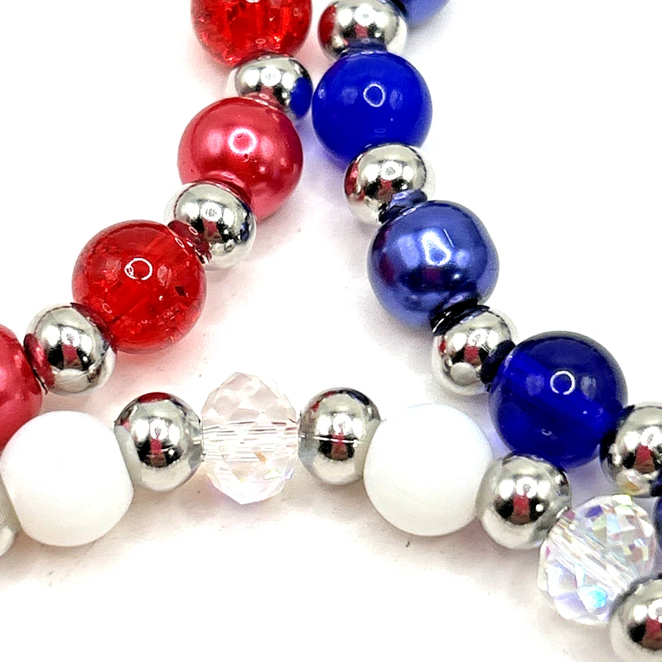 Juego de 3 pulseras elásticas patrióticas rojas, blancas y azules con cuentas de vidrio - Tamaño: 7,25" Foto 3 de 4
