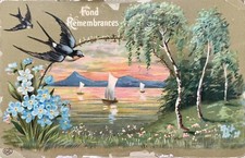 Vintage Postcard FOND REMEMBRANCES, FLOWERS, BLACK BIRDS, SHIPS, Nautical Birch