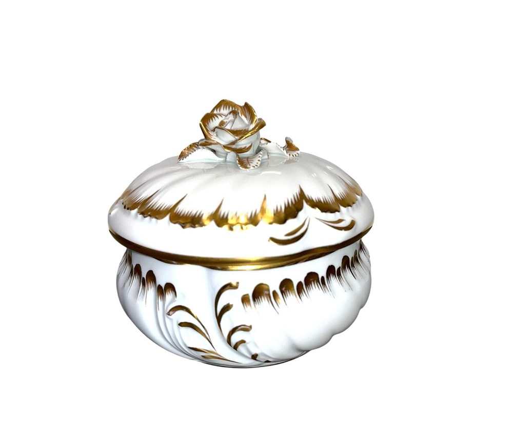 Vintage HEREND Gold Trim Bon Bon Candy Box with Lid 4.5 Inch