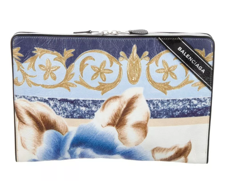 Balenciaga Blue Leather Floral Blanket Clutch, Pouch, Portefeuille, NWT