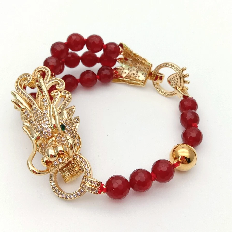 Brazalete Conector Dragón Pavimentado Circonita Cz Ágata Roja Facetada Redonda 8mm Foto 2 de 4