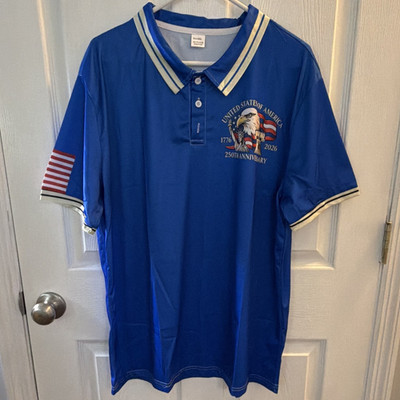Men's 2XL Mesh Golf Polo Shirt Blue Short Sleeve Breathable USA Eagle Graphic