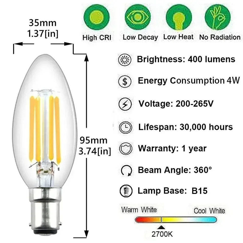 220V Dimmable B15 LED Candle Filament Light Bulb 4W Ba15d Vintage Warm White 3pc - Image 3 of 4