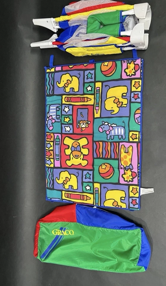 VTG 1990s Graco Pack N Play Red,Yellow,Green, Blue Retro Baby Travel Crib w/bag - Image 3 of 4