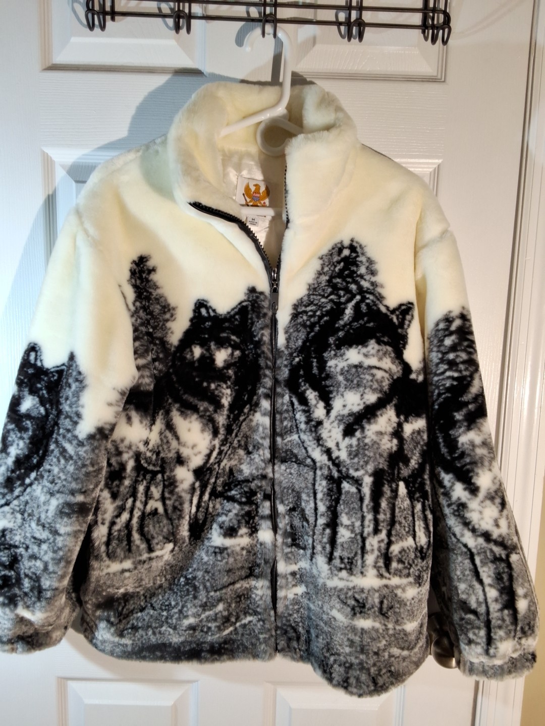 Ameri Mode White/Black Wolf Pattern Faux Fur Coat… - image 1