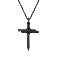 Black Ion Plated Stainless Steel Nail Cross Pendant - 24 Inch Round Box Chain