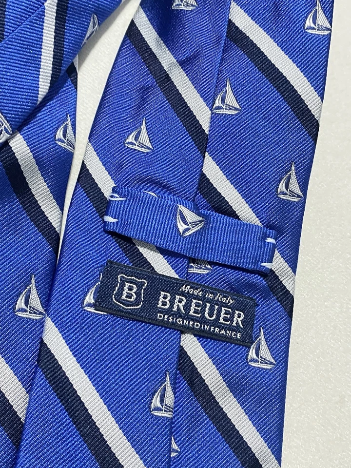 BREUER Blue Striped Silk Men’s Tie. Boat Printed. Made In Italy. Ec - Image 2 of 4