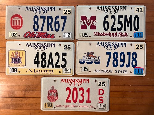 Colleges of Mississippi — License Plate lot of 5 — Ole Miss, MSU, ASU, JSU