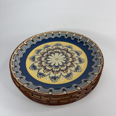 Lot 4 Vintage Bulgarian Troyan Pottery Plate 10'' Hand Painted Drip Swirl Bulgar
