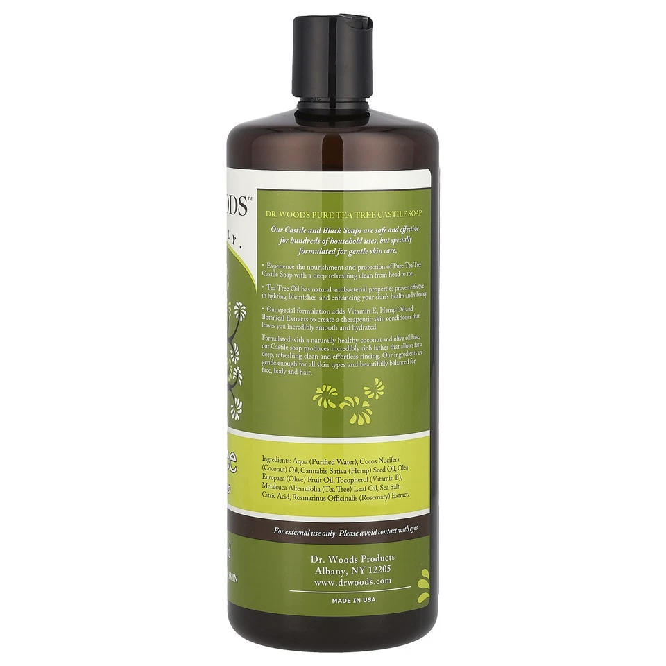 Dr Woods 茶树卡斯蒂利亚香皂 32 液量盎司 946 毫升全天然,无残忍, — 第 2/2 张图片