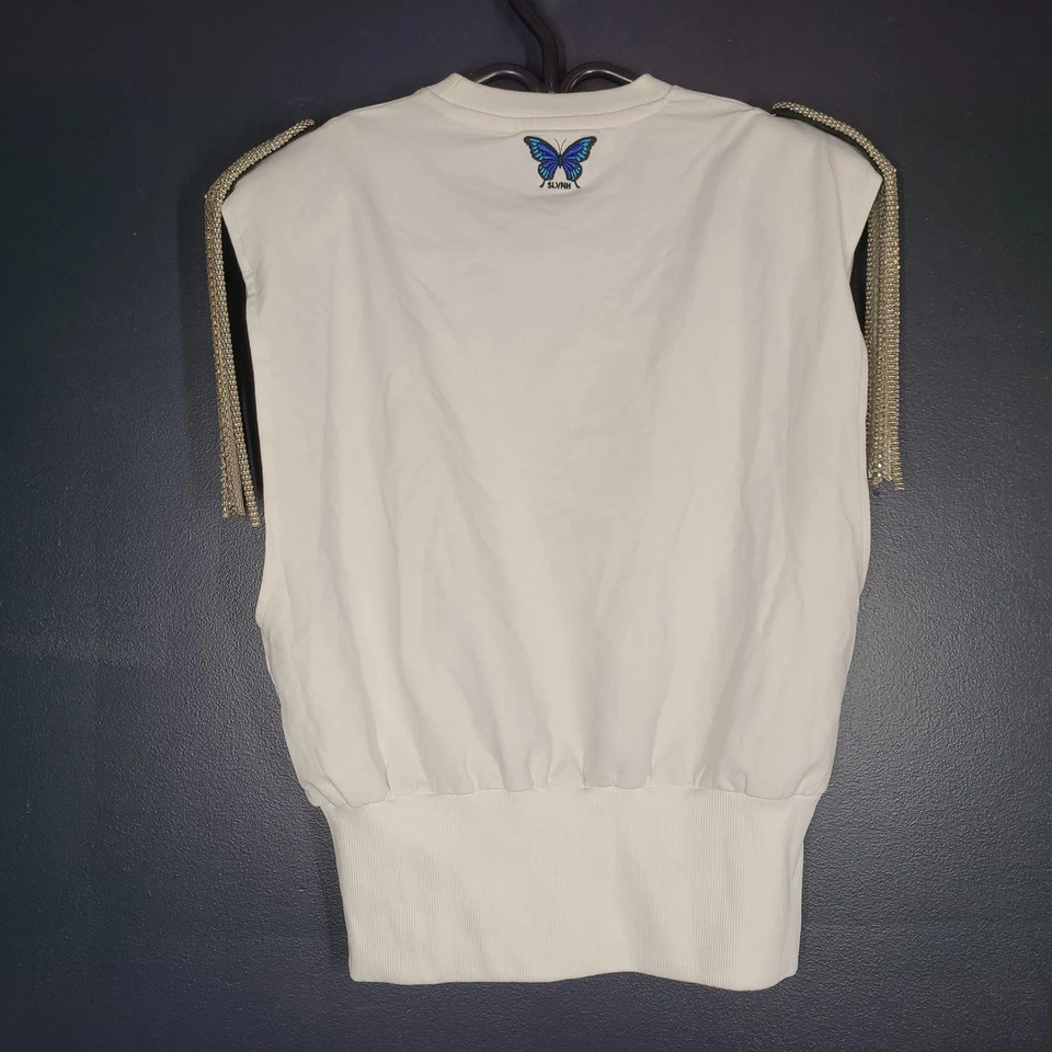 Silvian Heach Women's Sleeveless Shirt Metal Shoulder Epaulettes Detail White XS - Image 2 of 4