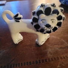 GZHEL USSR Porcelain Lion Figurine Hand Painted Blue White Russian Folk Art