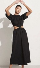Faithfull the Brand Linen Black Maxi Dress w/ Midriff Cutouts, Puff Sleeve, Sz 8