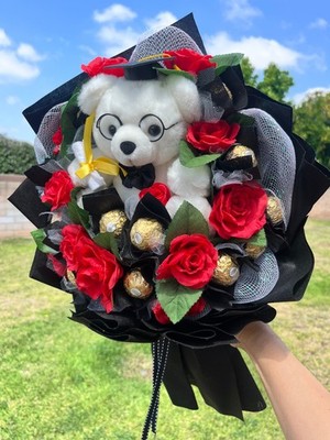 Graduation Bouquet with Teddy Bear, Ferrero Rocher & Red Roses