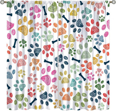 Dog Lover Kitchen Curtains, Hand Drawn Paw Print Doodles Circular Pattern Childr