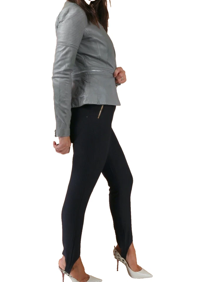 Chaqueta REBECCA TAYLOR Gris Cordero Cuero Cremallera Detallada Peplum Talla 0 Foto 3 de 4