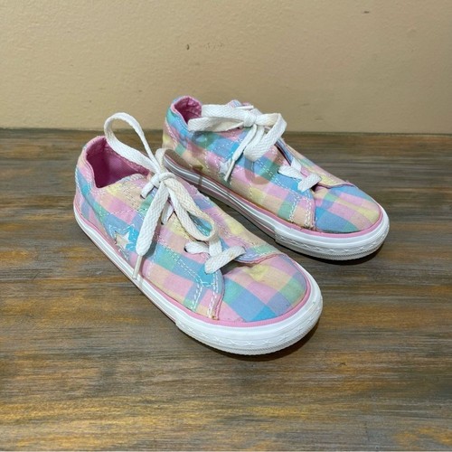 Converse Gingham Plaid Lace Up Sneakers Pink Casual Stars Girls 11