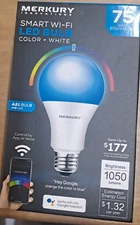 Merkury Innovations Color+White Smart A21 Light Bulb, 75W Equivalent 1050 Lumens