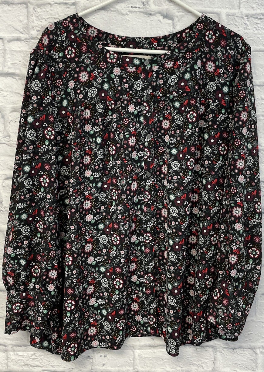 Loft Plus blouse Womens 22 Black floral Button-UP Long Sleeve Tunic Top