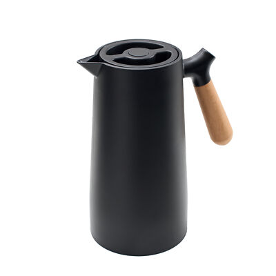 Thermos 1L Isolierkanne Thermoskanne Glaskolbe Schwarz Holzgriff 1-Click Öffnung