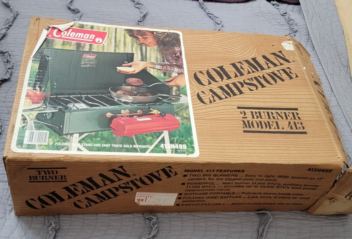 1980'S Coleman Two Burner Camp Stove 413H w/ Box 413H499 1980'S Coleman Two Burner Camp Stove 413H w/ Box 413H499