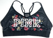 Victoria's Secret PINK Sport Ultimate Lightly Lined Black Rose Floral Logo Bra L