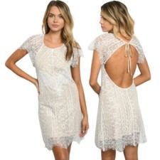 Lace Scoop Neck Dress White Medium NEW