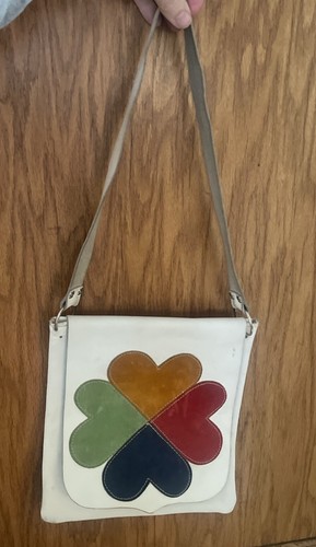 Vintage 70s White Leather With Suede Rainbow Hearts Flap Purse - Picture 2 of 12