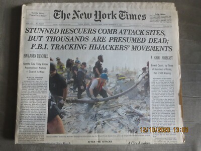 4 ORIGINAL NY TIMES ISSUES JUST AFTER THE 9/11 ATTACK: 9/13, 16, 17, 21