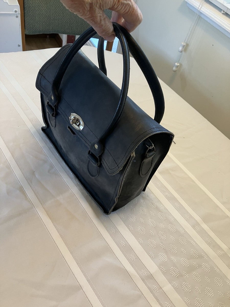 Black Hide Leather Hand Bag With Handels And Adjustable Shoulder Strap View 2