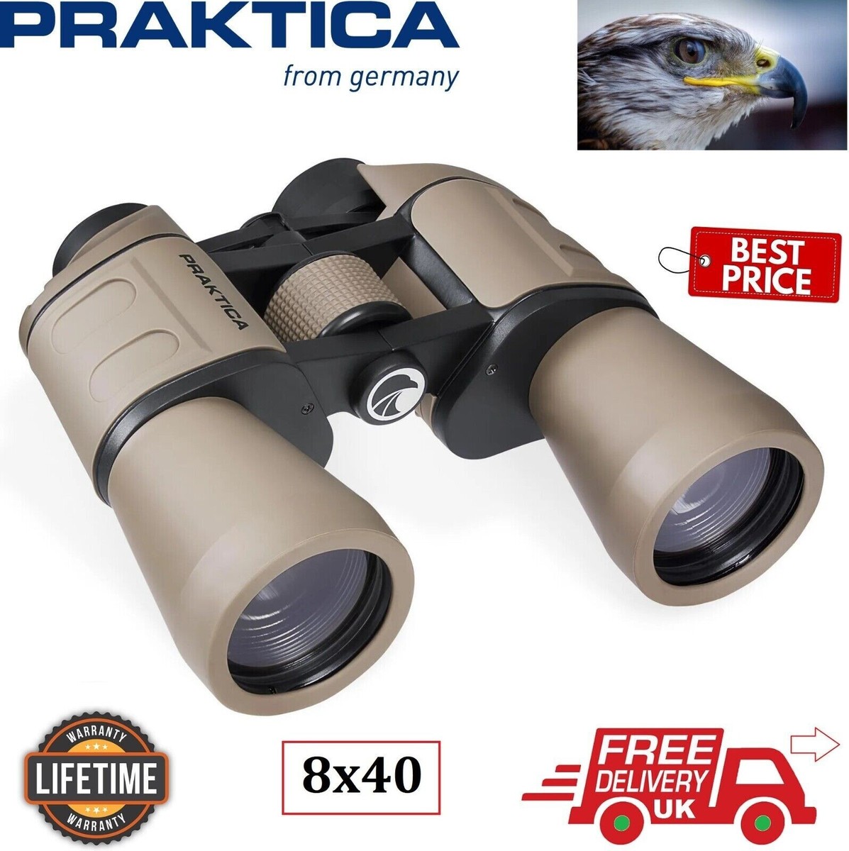 Praktica Falcon 8x40 Porro Prism Field Binoculars Sand PRA203