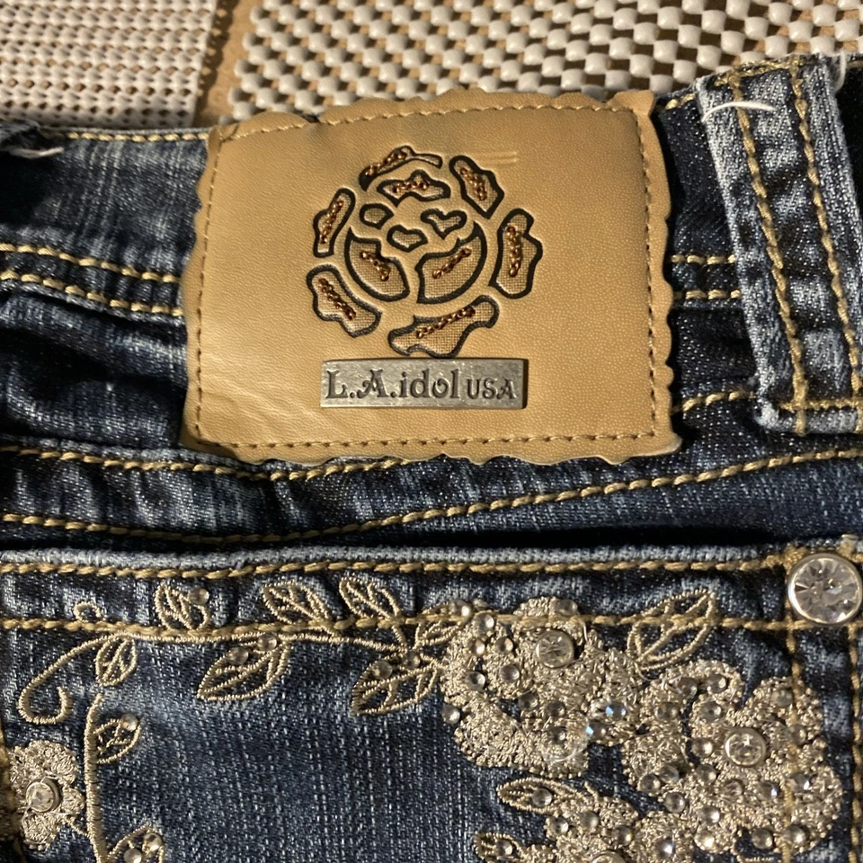 La Idol Jeans Women's 5 Blue Denim Cotton Stretch Beaded Bootcut Leg Retro Y2K - Image 3 of 4