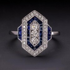 Art Deco Blue Sapphire  White CZ 0.90 Carat Women's 935 Silver Anniversary Ring