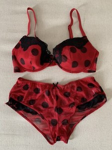 “New” Elegant Bra Panty Set Size 34C/M Color Burgundy/Black Polka Dots