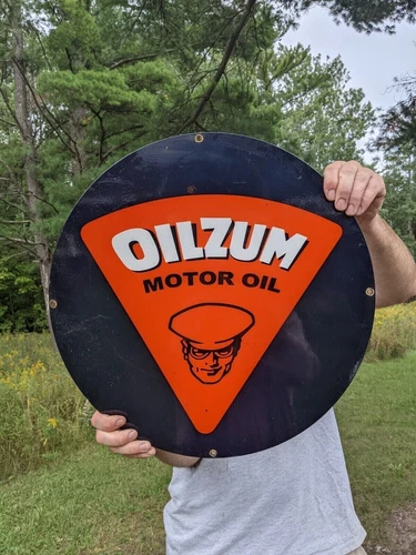 LARGE VINTAGE OILZUM MOTOR OIL PORCELAIN GAS STATION PUMP SIGN 18"