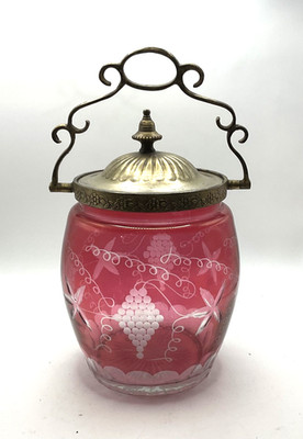 Vtg  Cranberry  Etched Glass with Grapevine Brass tone Metal Handle  Biscuit Jar
