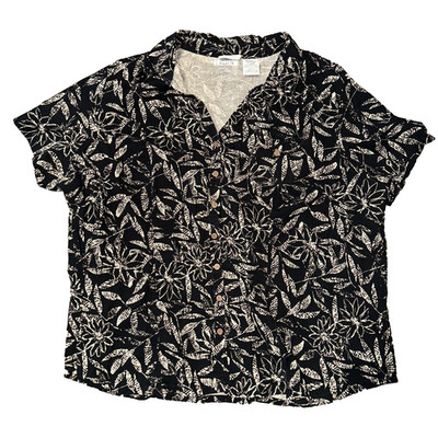 White Stag Shirt Womens 3X Black Button Front Hawaiian Tropical Lightweight Top