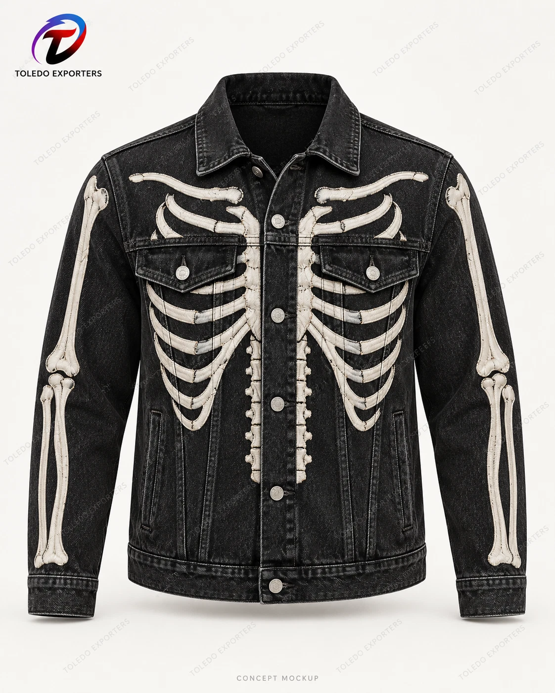 Black Skeleton Denim Jacket with Bone Embroidery, Unisex Halloween Trucker Style - product detail image 1