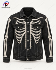 Black Skeleton Denim Jacket with Bone Embroidery, Unisex Halloween Trucker Style - product listing photo