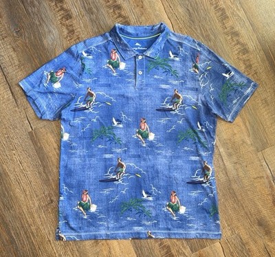 Tommy Bahama Polo Shirt Mens Large Blue Surfer Hula Hawaiian Island Print