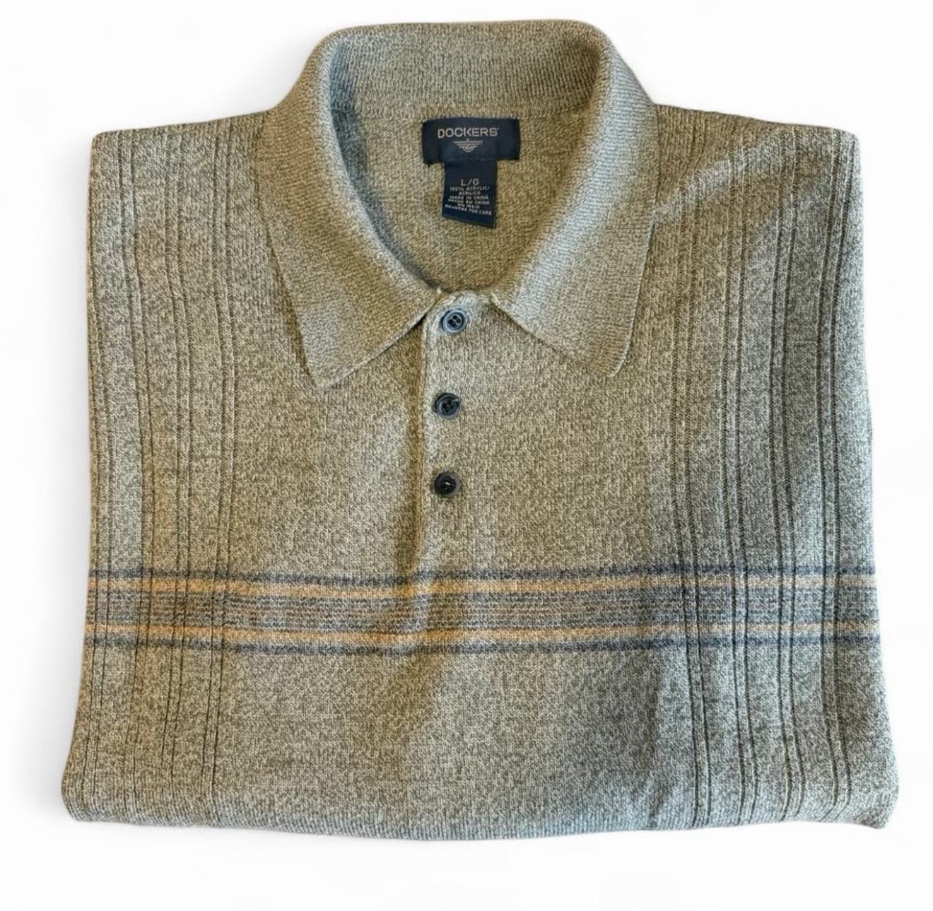 Dockers Men’s Knit Polo Sweater L Olive Beige Ribbed Long Sleeve Casual