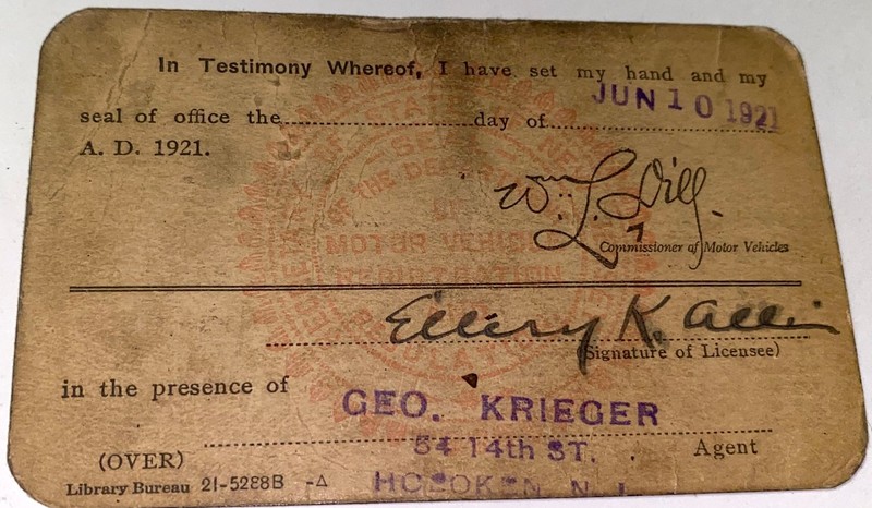 Rare Antique ID'd WWI, WWII, Police Detective Automobile Registration Card! NJ!