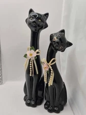 Vintage BLACK CATS Pottery 2 Kitschy Long Neck MCM Cat & Kitten Figurine Pair