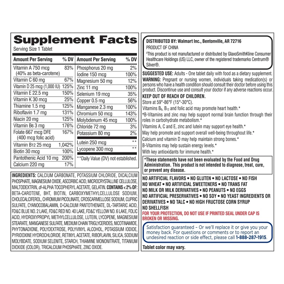 Equate Complete Multivitamin/Multimineral Supplement Tablets, Adults 50+, 450 Co - Image 3 of 4