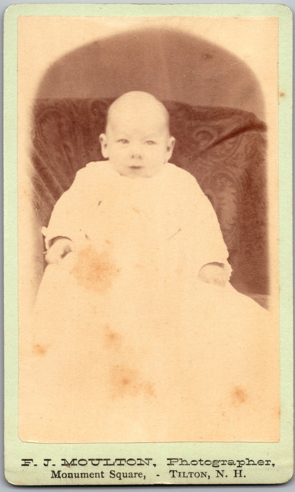 Antique CDV Circa 1870s F.J. Moulton Cute Baby in Dress Tilton New Hampshire