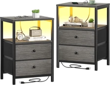 Grey Nightstands Set of 2 Bedroom Night Stand Set Two Nightstand with Charging