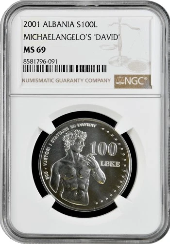 Albania 100 leke 2001, NGC MS69, "500th An of Michelangelo's "David" Top Pop 1/0